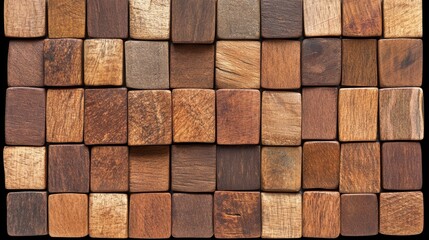 A close-up view of assorted wooden blocks showcasing various shades, textures, and finishes, Ideal for backgrounds, woodworking projects, or artistic displays emphasizing natural materials,