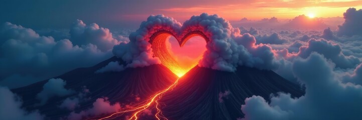Lava flows from the volcano's summit as a massive heart-shaped cloud forms, geological formation, lava flow