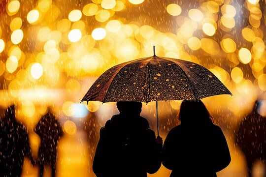 Silhouettes of men and women sharing an umbrella amid city lights and falling rain during a festive evening