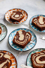 Homemade traditional marble pound cake.