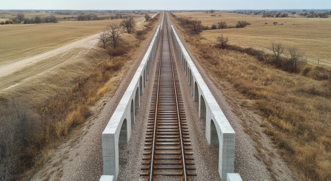 Railway tracks extend into the distance, bordered by tall grass and open fields under a vast, clear sky in a rural area