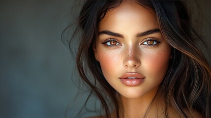 Fototapeta premium A close-up portrait of a woman with long, straight dark hair, facing slightly to the left.