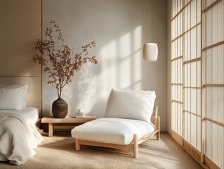 A minimalist bedroom interior with comfortable bed and furniture displays