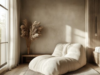 A cozy bedroom with a soft chair and decorative elements