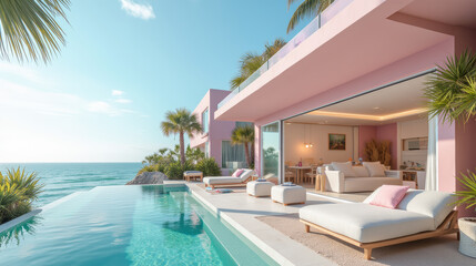 Fototapeta premium Luxurious beachfront villa with stunning pool and ocean view, surrounded by palm trees. Perfect for relaxation and leisure