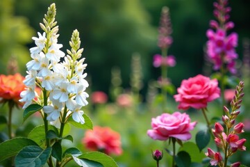 Obraz premium White verbascum blossoms contrast with vibrant roses & salvia in a minimalist summer garden , nature, bright, garden design