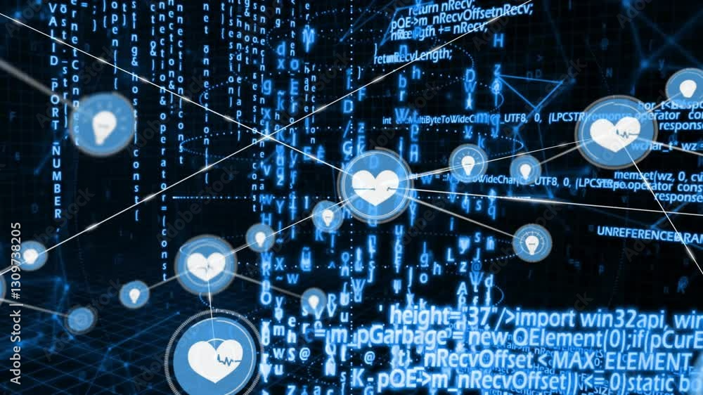 Poster connected heart icons over blue binary code with animation in digital background