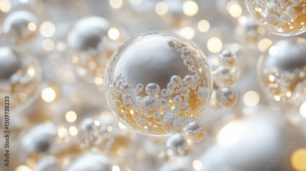 Poster close up view of translucent spheres with intricate patterns, floating in soft, glowing environment,