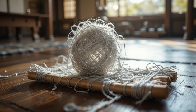 A ball of light grey linen thread rests on a bamboo weaving loom in a sunlit room