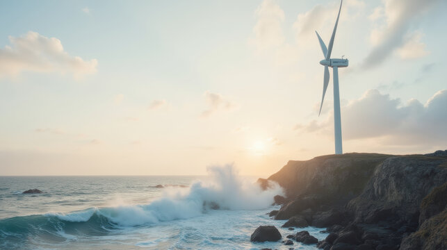 serene coastal scene featuring wind turbine, crashing waves, and beautiful sunset. landscape captures harmony of nature and renewable energy - Powered by Adobe