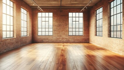 Obraz premium Sunlit empty loft; brick walls, wood floor, city view; real estate