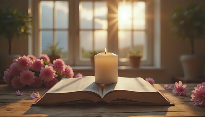 a bible on a table with a candle and pink flowers