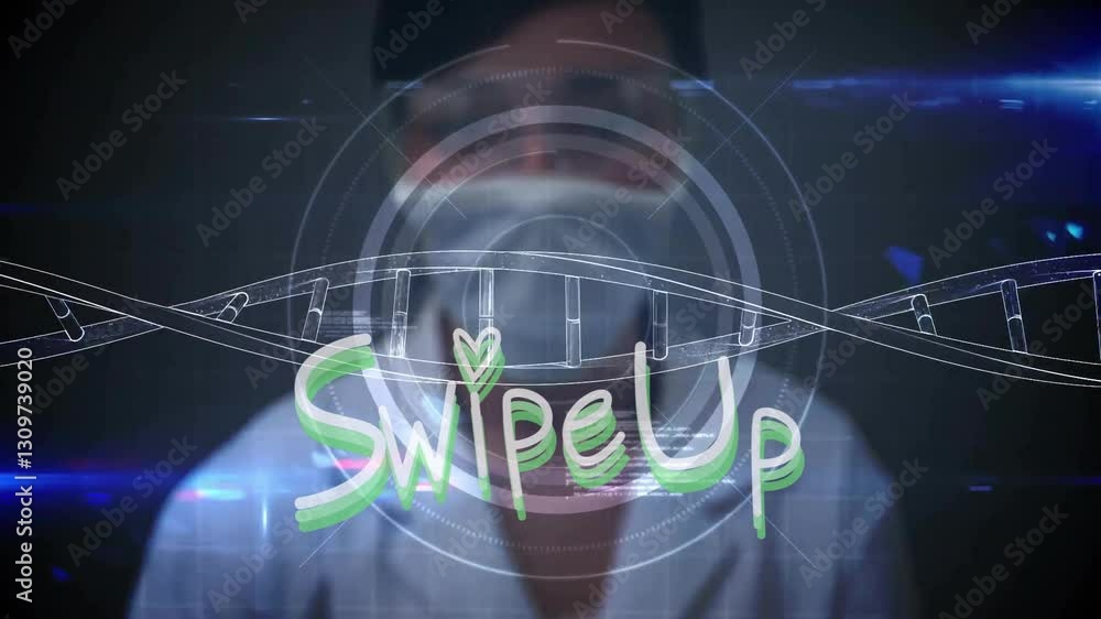 Poster swipe up text animation over person wearing mask with digital interface elements