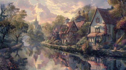 Fototapeta premium behold an enchanting tableau where a tranquil river intertwines with an idyllic rural town, soft pastel houses reflecting on the water, ethereal allur