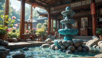 Serene Teal Yarn Fountain in Tranquil Asian Garden Setting