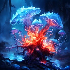 Obraz premium A vibrant forest scene featuring a mystical mushroom tree radiating fiery energies