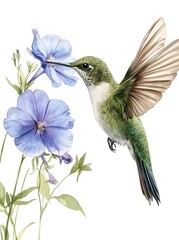 Fototapeta premium A vibrant green hummingbird flying gracefully next to a beautiful blue flower with delicate petals in nature