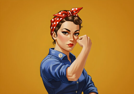 strong woman in rosie the riveter style on yellow background

