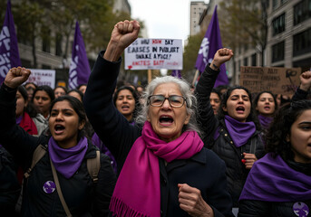 elderly woman leading feminist demonstration with determination