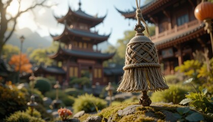 Tranquil Asian Temple Garden Rope Bell Detail and Pagoda Background