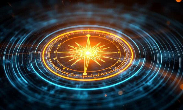 Futuristic glowing compass design with intricate patterns and digital elements in a cosmic background