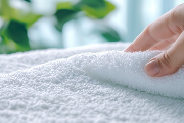 Soft white towel being gently touched with care in a bright indoor environment surrounded by greenery