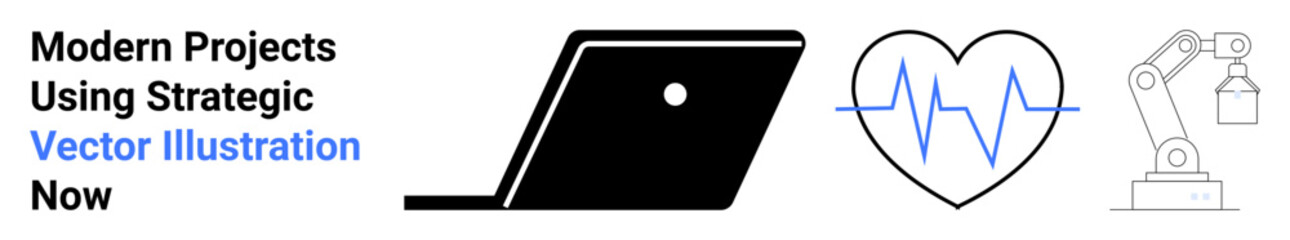 Open laptop, heart with heartbeat line, robotic arm. Ideal for health tech, automation, innovation, medical, digital transformation technology futuristic design. Abstract line flat metaphor