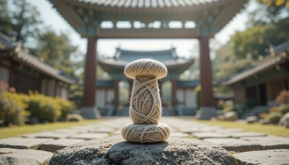 Serene Beige Yarn Ball in Tranquil Asian Garden Setting Peaceful and Natural Crafts Background