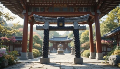 Serene Japanese Garden with Traditional Torii Gate Stone Torii and Temple Architecture