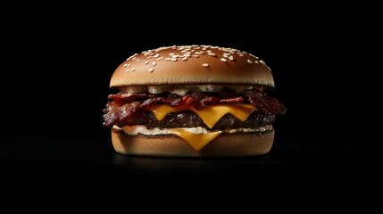 A large hamburger with cheese and bacon on it