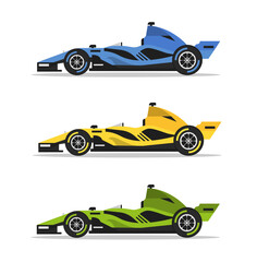Collection of formula 1 racing cars isolated on white background. Side jet sport racing car concept. Vector stock