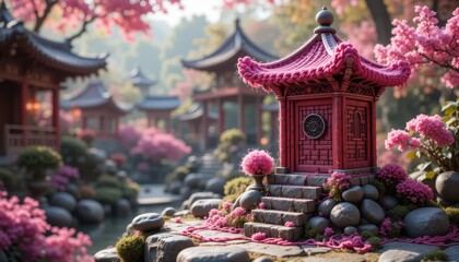 Obraz premium Serene Asian Garden Shrine Pink Pagoda in Blossom Tranquil scene with pink flowers