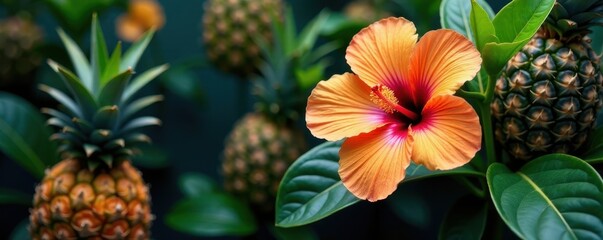 Vibrant hibiscus, mango, pineapple, lush leaves , flowers, illustration
