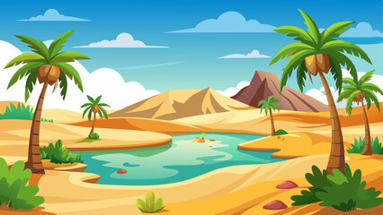 desert oasis with a small pond, palm trees, and sand dunes