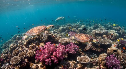 Fototapeta premium A vibrant coral reef teeming with colorful fish and sea turtles.