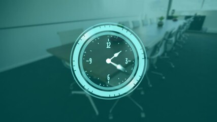 Clock animation over empty conference room with chairs and long table