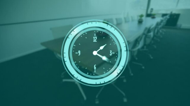 Clock animation over empty conference room with chairs and long table