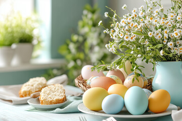 Spring celebration with colorful eggs and fresh flowers on a festive table