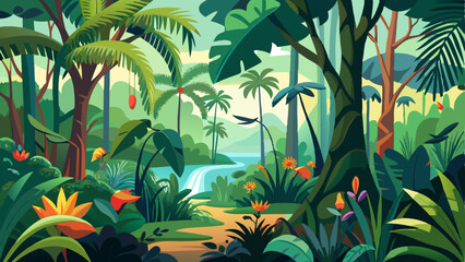 tropical rainforest landscape with dense foliage and exotic birds