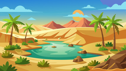desert oasis with a small pond, palm trees, and sand dunes