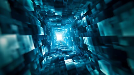 Abstract Digital Tunnel: A Journey Through Cyan Cubes