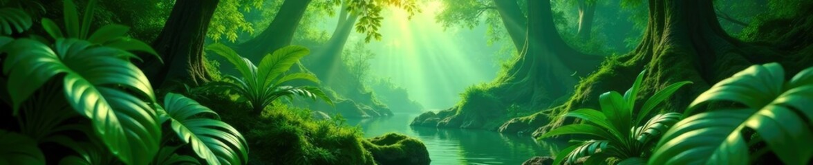 Gold accents amidst an emerald green jungle landscape, jungle, peaceful, tropical