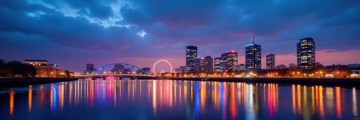 Fototapeta premium Liverpool skyline, dusk, illuminated buildings, water reflection, blue hour, impressive