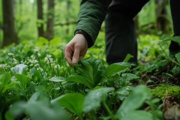 Fototapeta premium A person is reaching into a lush green field of plants