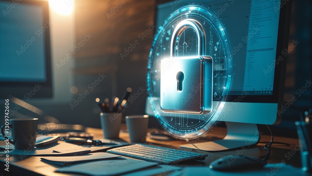 Poster digital security concept with lock visual on desktop computer at an office during late hours