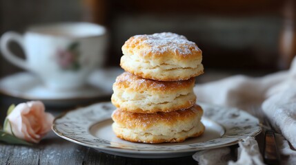 Stack of Fluffy Biscuits with Powdered Sugar and Tea Cup