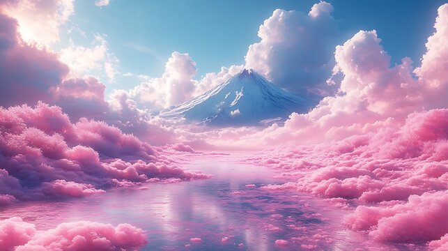 A dreamy expanse of pink bubble-like clouds rolling across the ground with a smooth mountain in the background beneath a clear sky