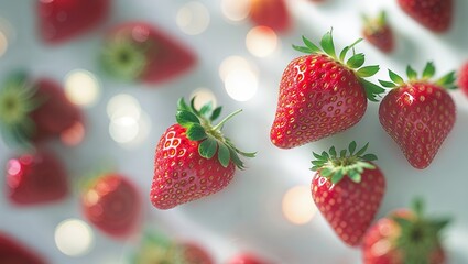 Fresh strawberries scattered on a light surface create a vibrant and appetizing display during a sunny afternoon