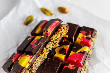 Dubai chocolate bar with pistachio paste and kadaif dough