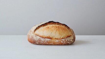 A loaf of bread is sitting on a white table